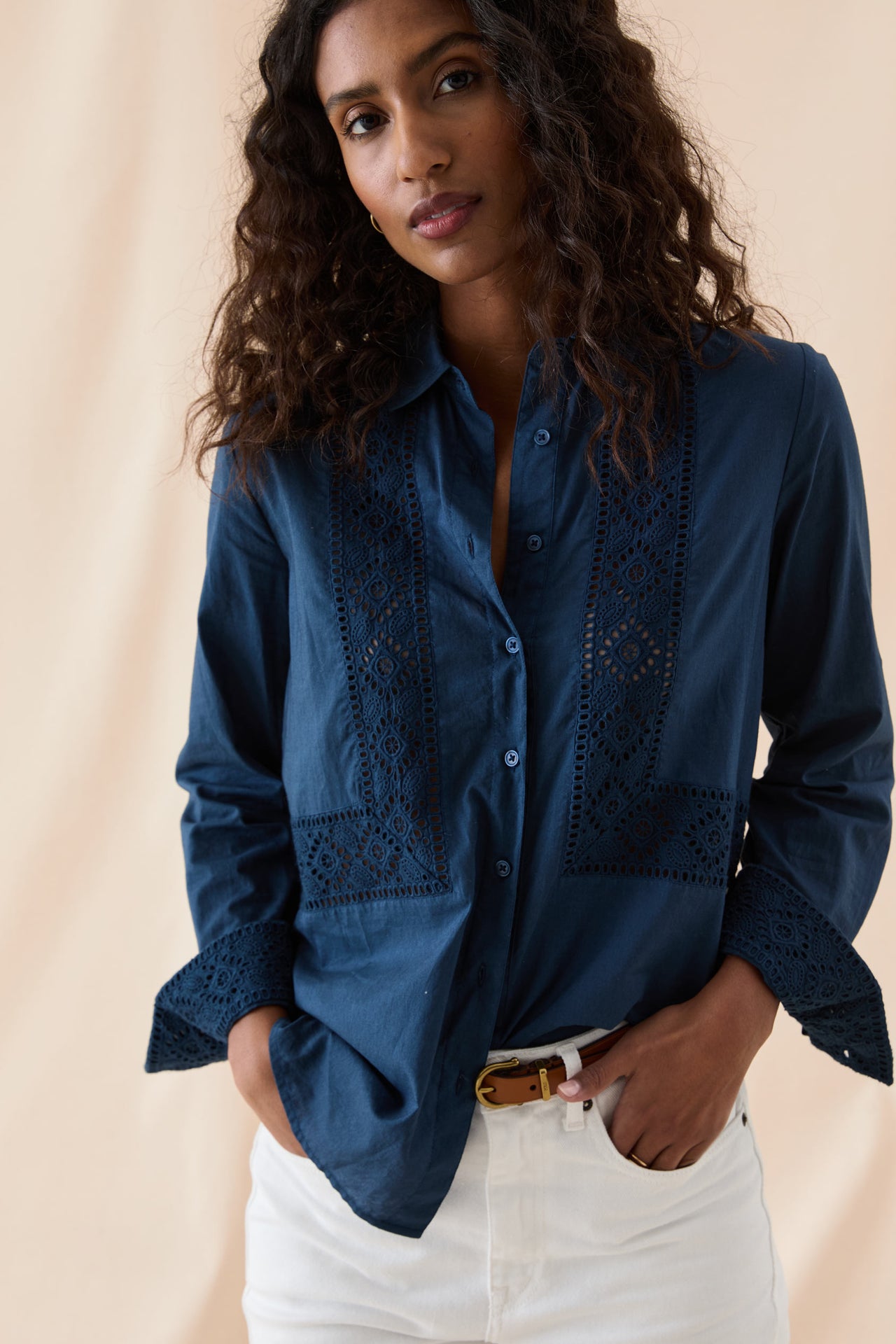 Newhaven Navy Broderie Panel Shirt