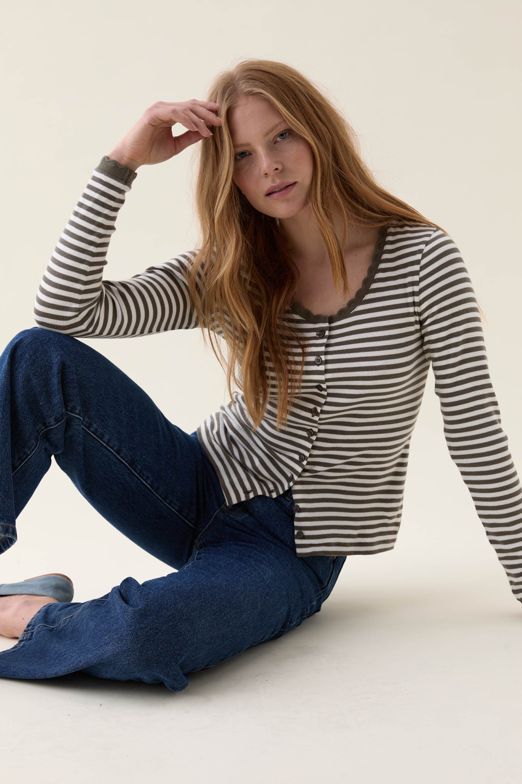 Felpham Khaki Stripe Button Top